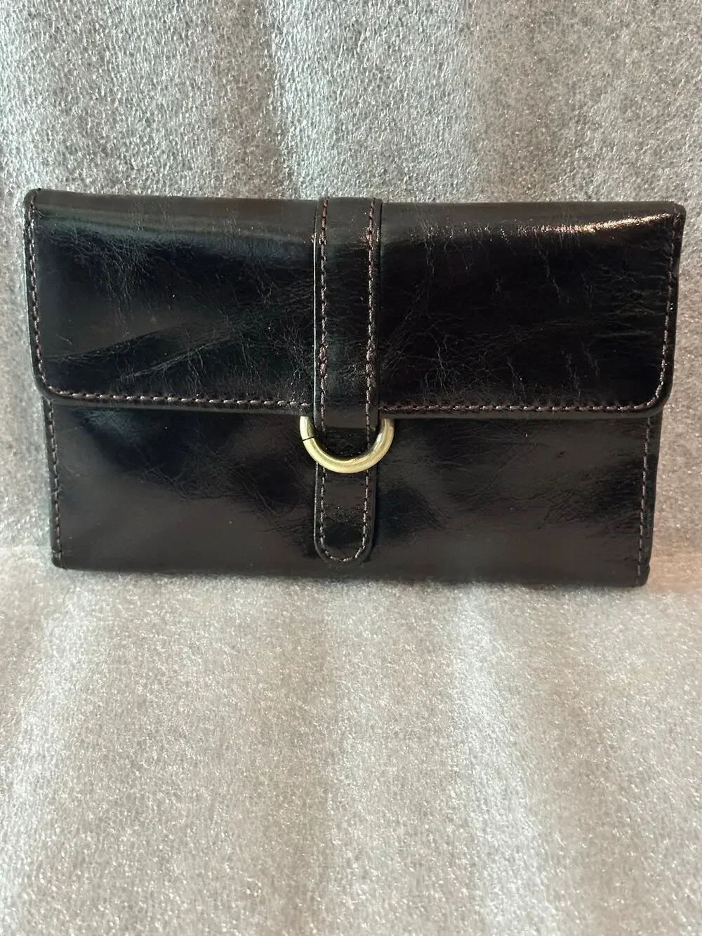 EUC Hobo International Black Leather Trifold Wallet Organizer Brass Hardware